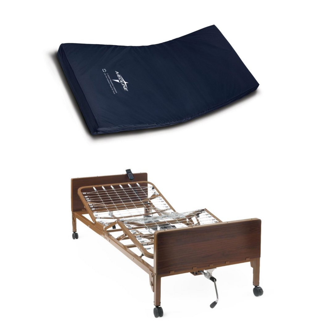 A Medline Homecare Semi-Electric Bed with a 15-20 height range, featuring a brown frame with metal rails and wheels, and a dark blue therapeutic mattress are displayed separately on a white background.